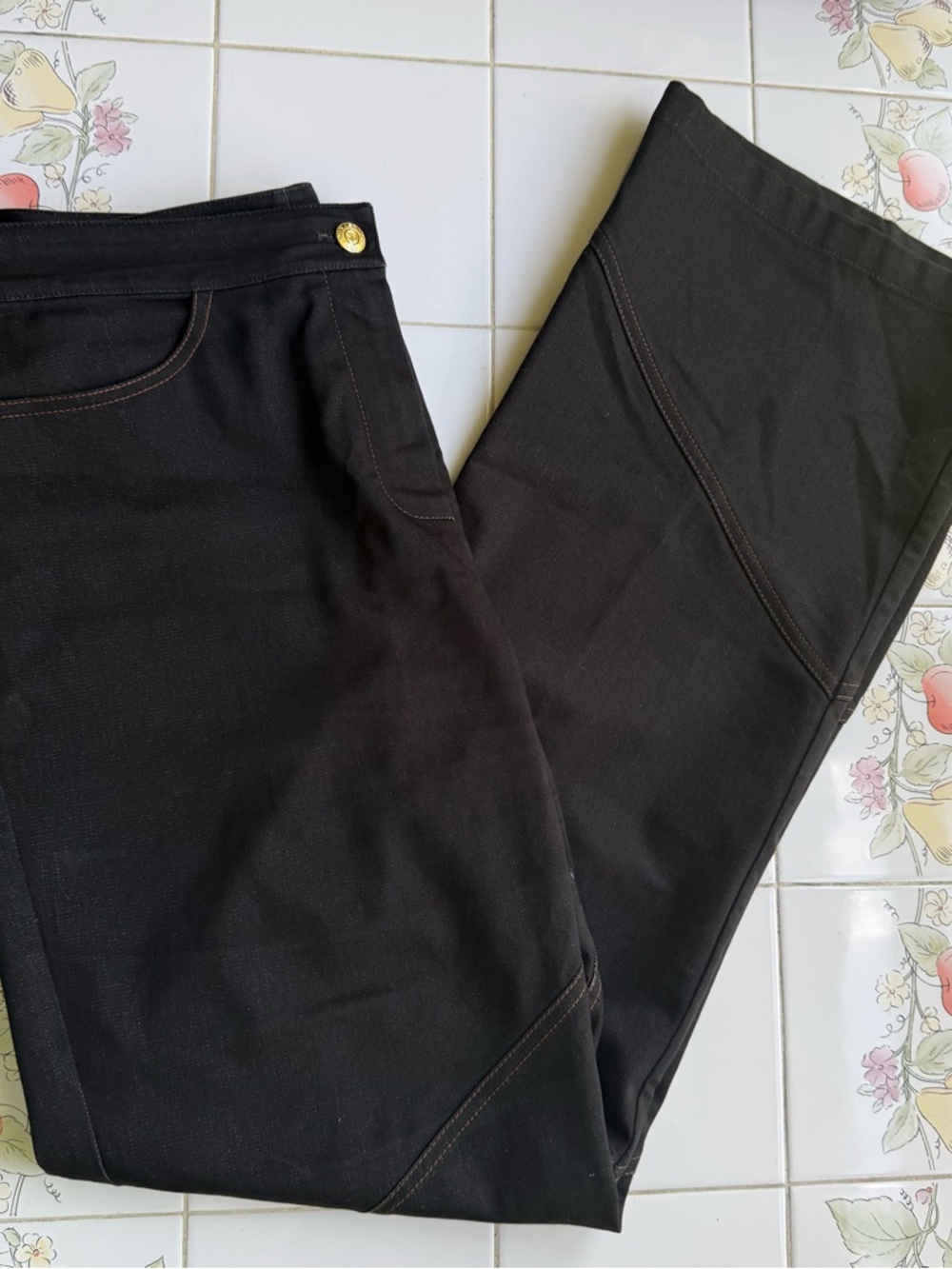 St‎ John Sport Womens Black Wide Leg Contrast Stitch Pants Gold Logo Button